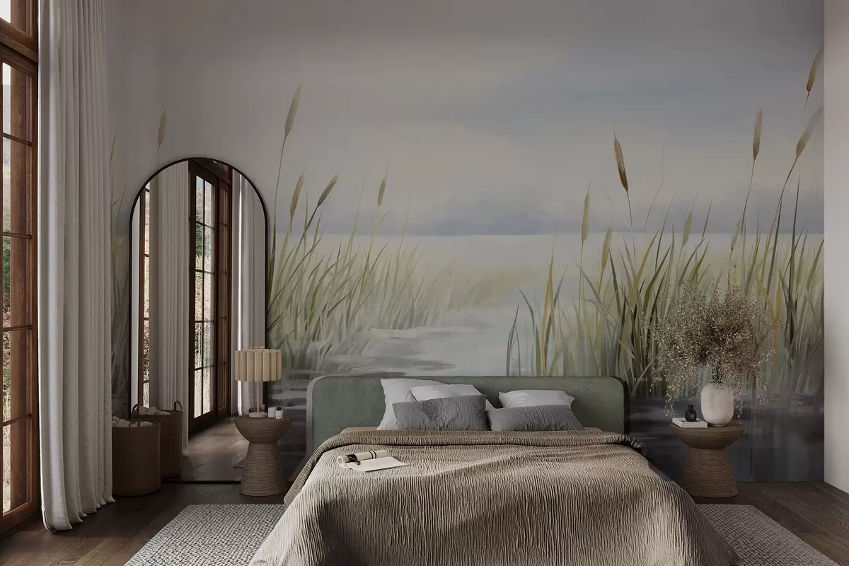 Wall Mural Photo Wallpaper A watercolor textured painting imitation of landscape with lake, grass, overcast sky and blurred background w09219