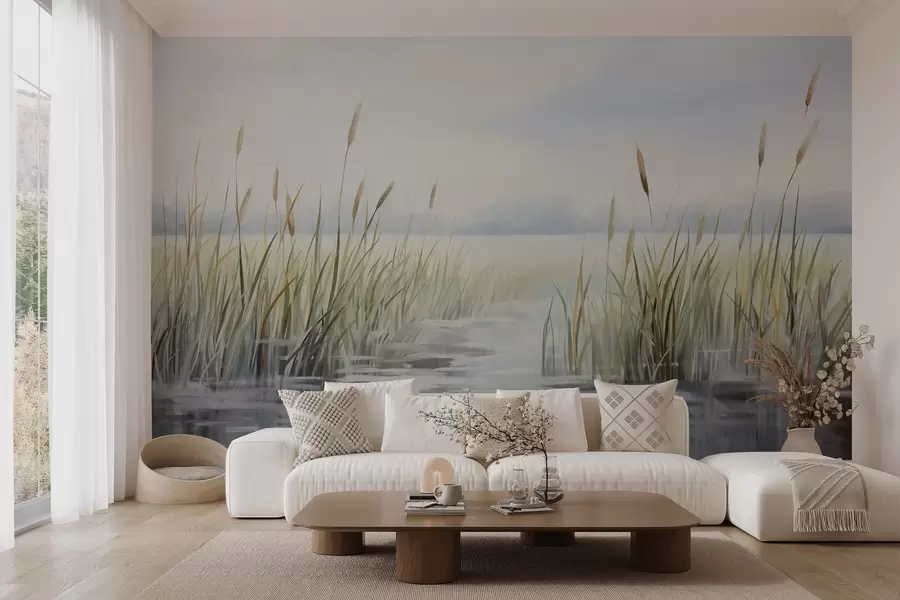 wall murals A watercolor textured painting imitation of landscape with lake, grass, overcast sky and blurred background w09219