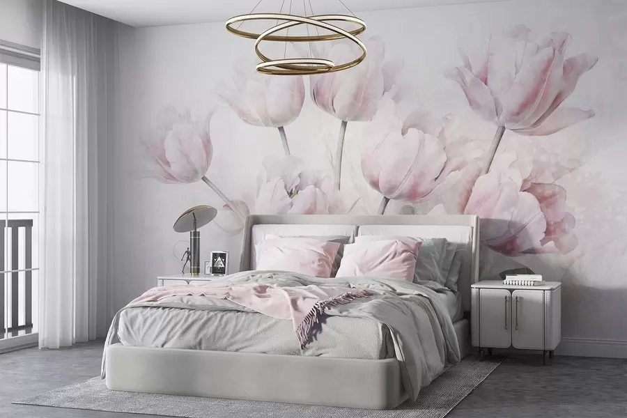 murales Tulipanes de textura rosa con hojas verdes, luz suave, estilo acuarela vintage, pinceladas delicadas w09220