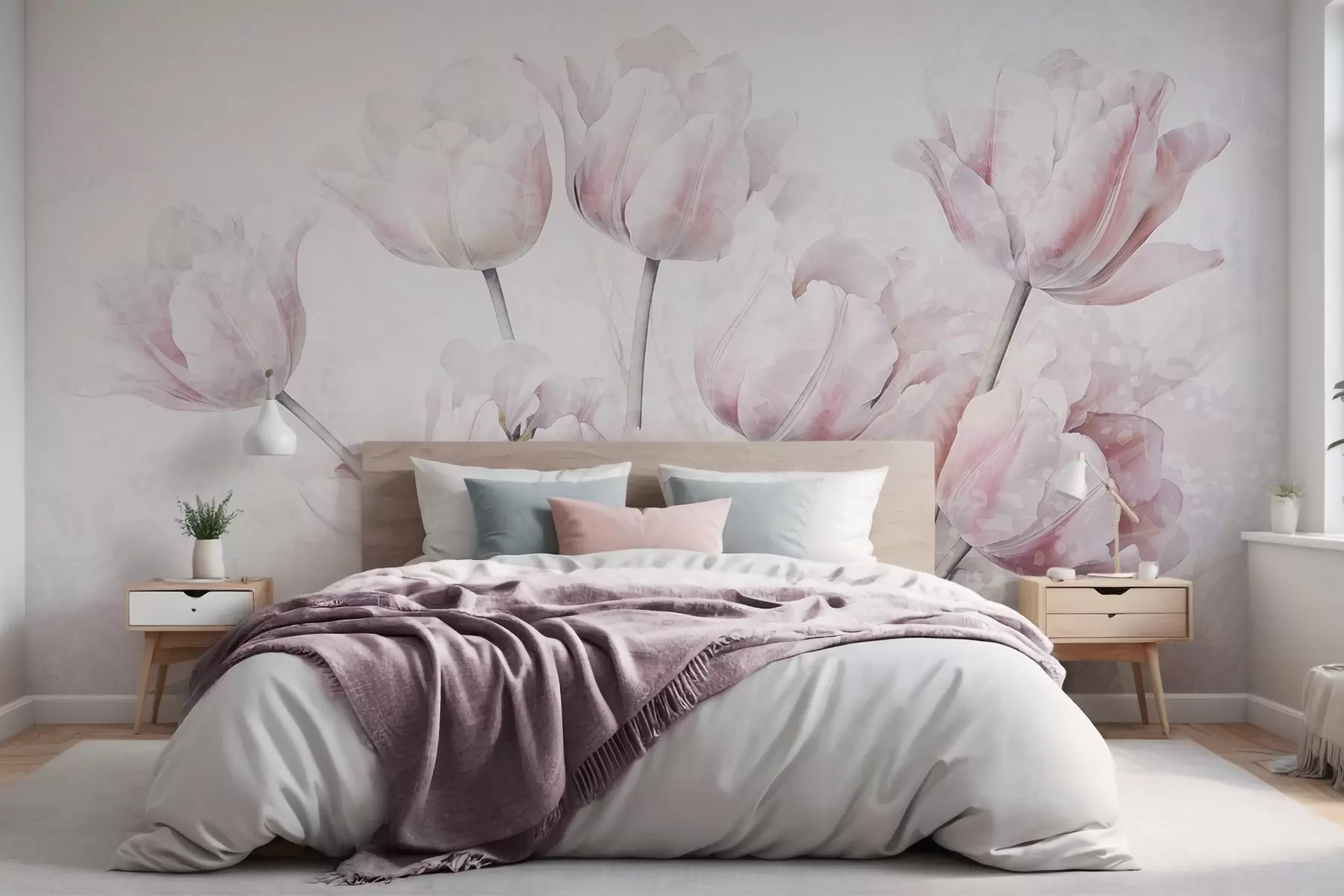 Wall Mural Photo Wallpaper Pink textured tulips with green leaves, soft light, vintage watercolor style, delicate brushstrokes w09220