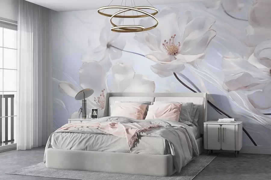 wall murals White textured transparent flowers with delicate petals, soft light blue background, elegant, romantic, dreamy w09233