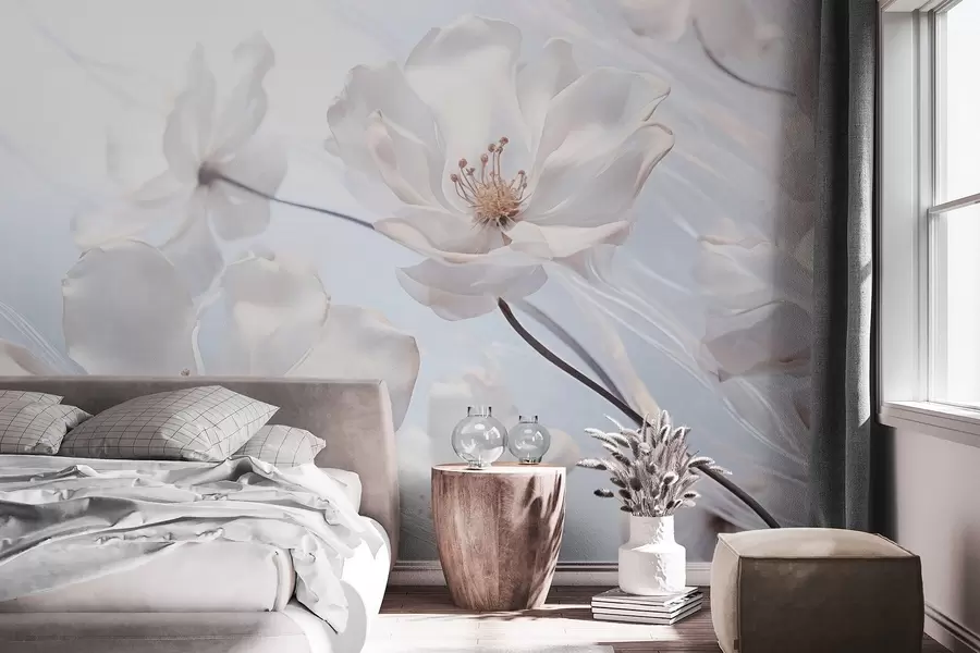 wall murals White textured transparent flowers with delicate petals, soft light blue background, elegant, romantic, dreamy w09233