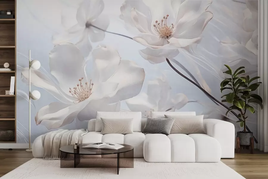 wall murals White textured transparent flowers with delicate petals, soft light blue background, elegant, romantic, dreamy w09233