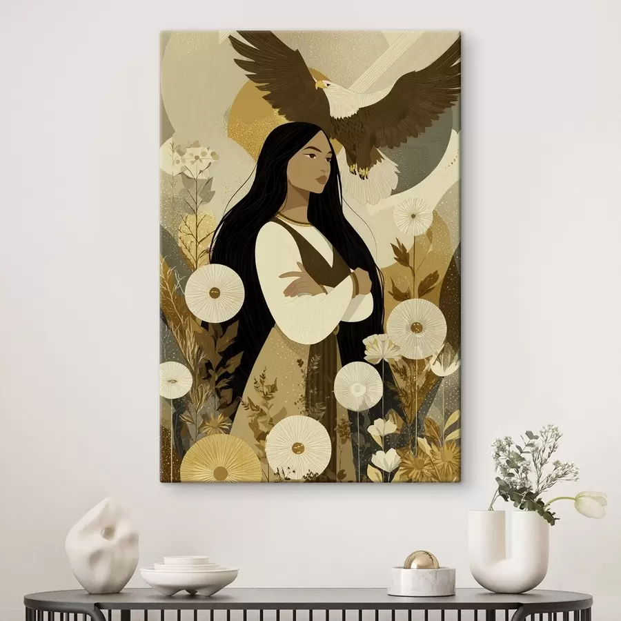 wall murals Woman with flying eagle, tribal style, beige colors s44977