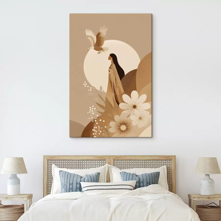 wall murals Abstraction with woman and eagle in the sky, beige colors s44978