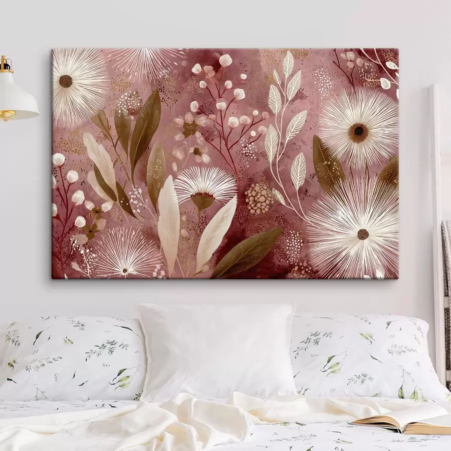 murales Flores blancas de estilo boho sobre fondo rojo, dibujo detallado s44979