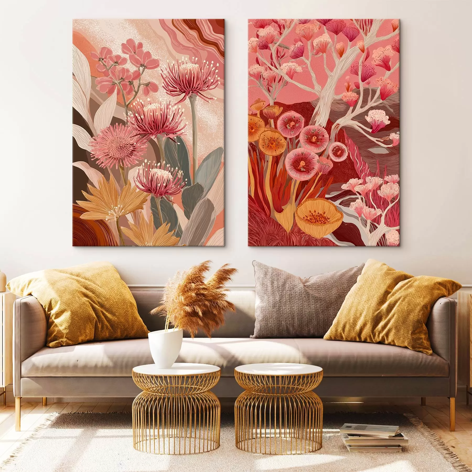 murales Flores de estilo boho, dibujo detallado, colores burdeos m00476