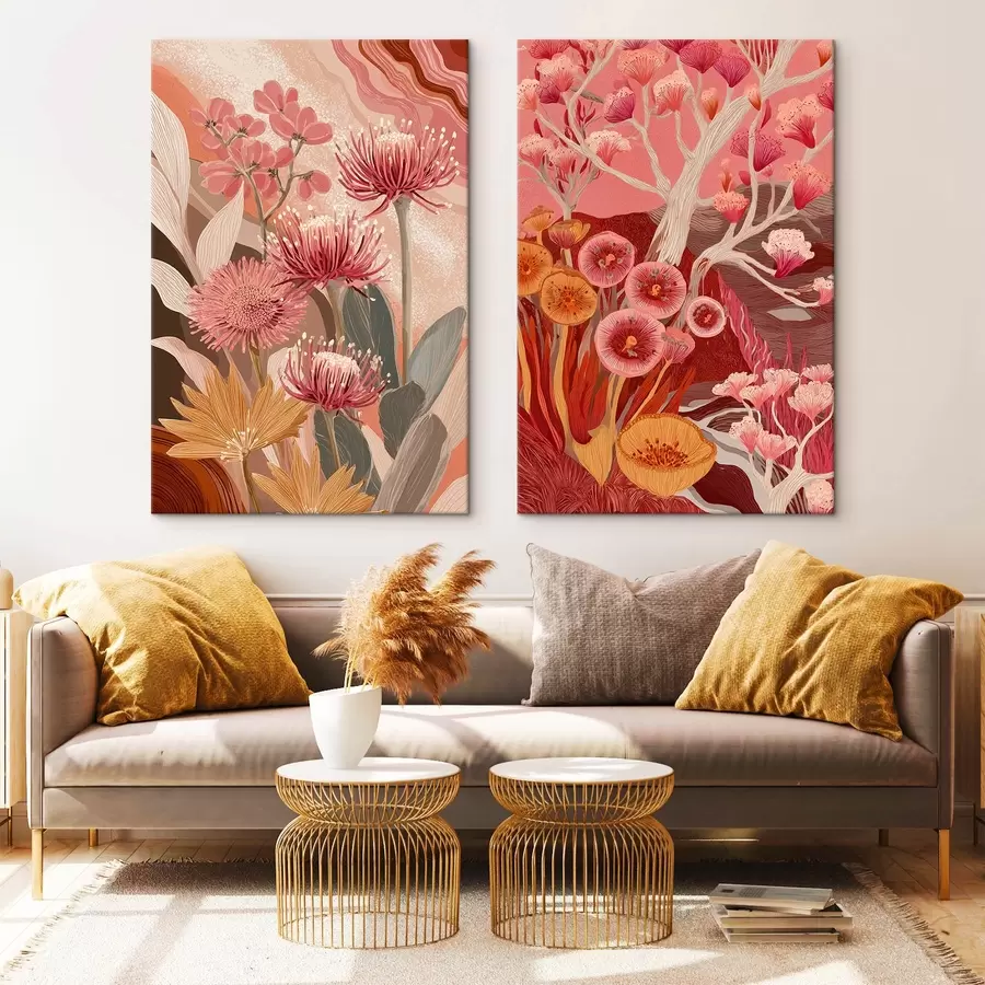 murales Flores de estilo boho, dibujo detallado, colores burdeos m00476