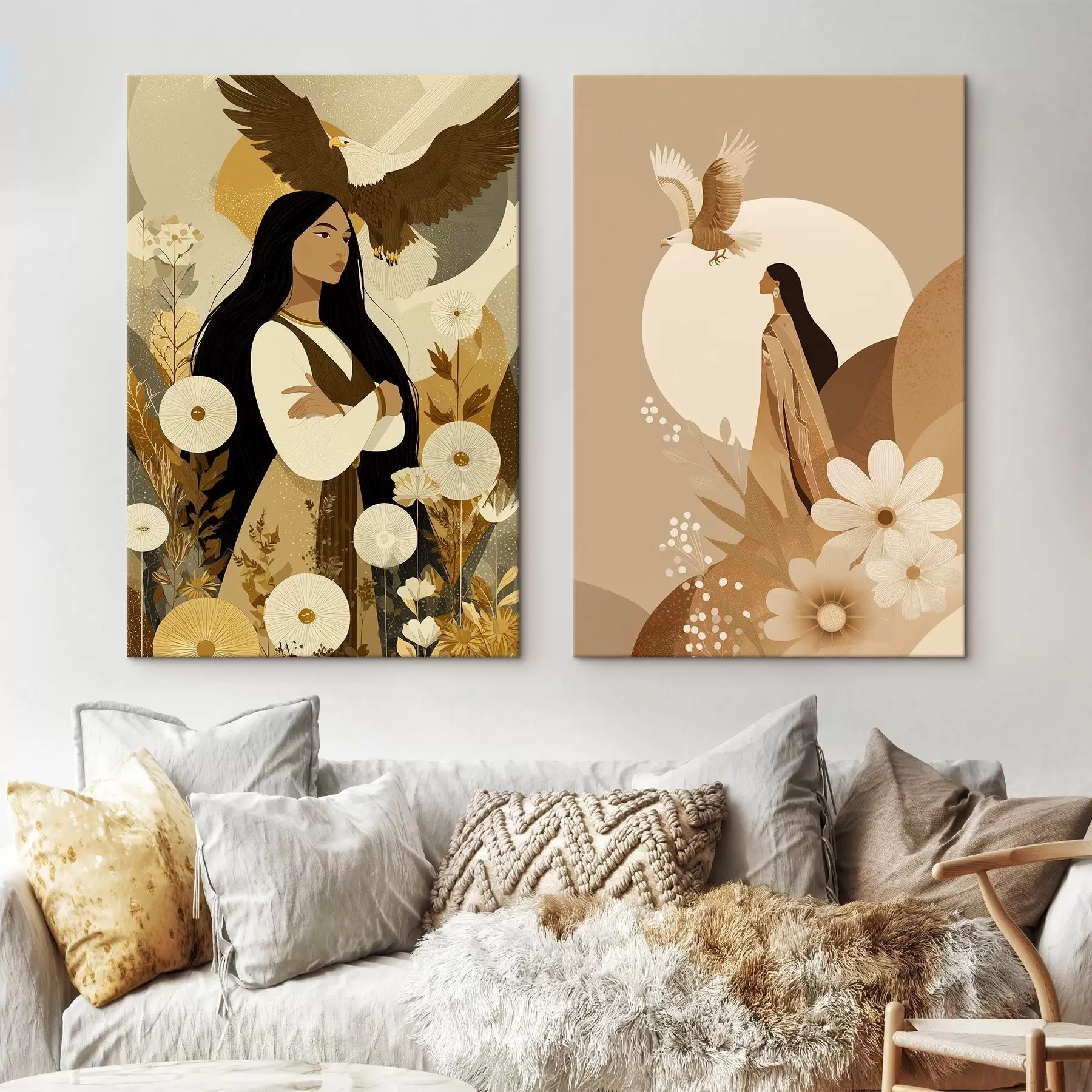 murales Mujeres con águilas voladoras, estilo tribal, colores beige m00477