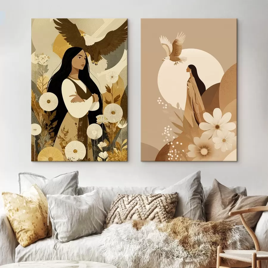 murales Mujeres con águilas voladoras, estilo tribal, colores beige m00477