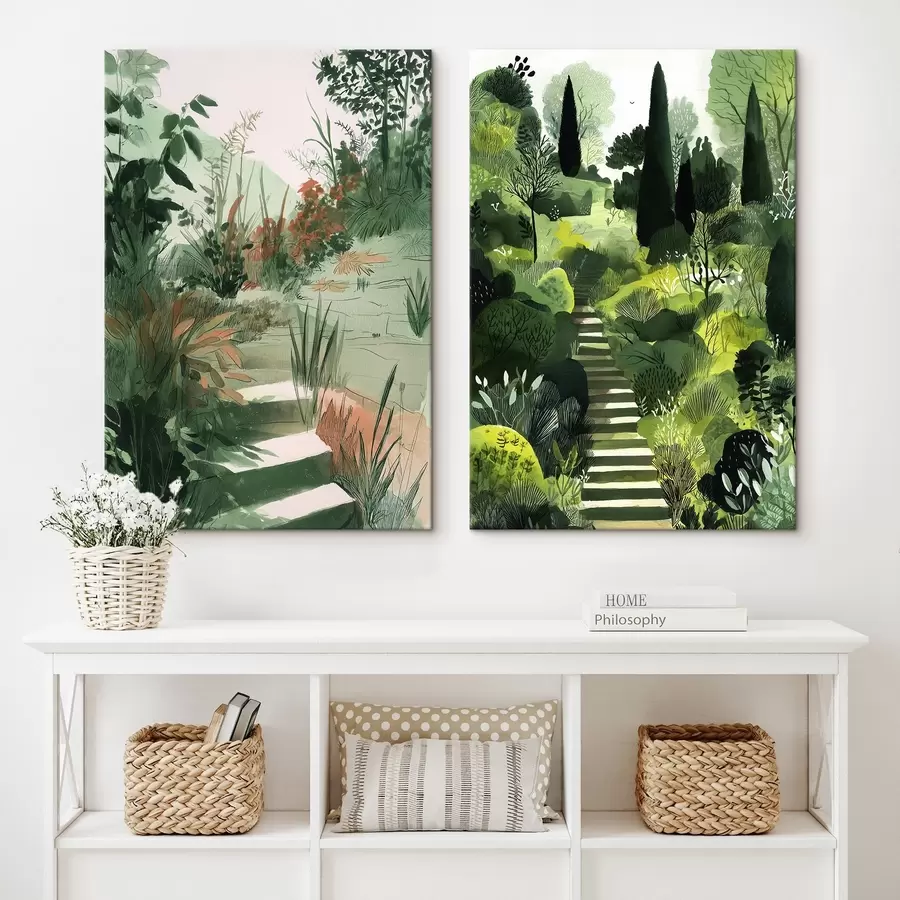 murales Verde jardín oriental con arbustos y árboles m00478