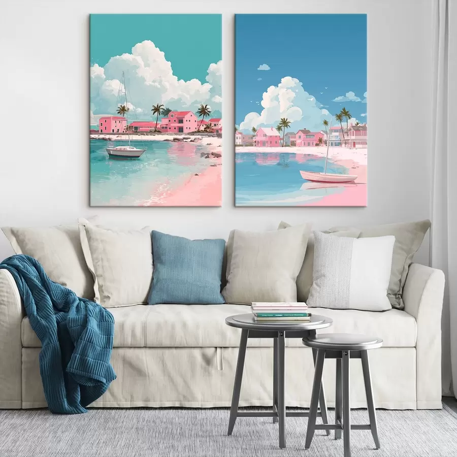 murales Playa rosa de verano con sol, velero y casas m00479