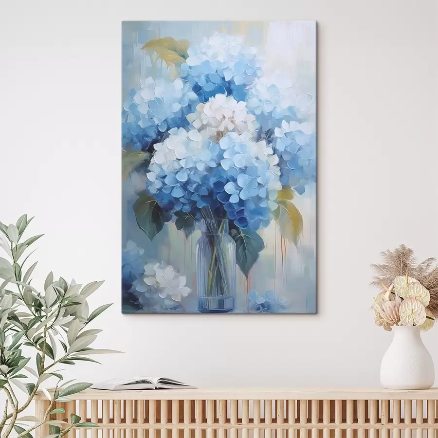 wall murals Bouquet of blue hydrangea in a glass vase s44998