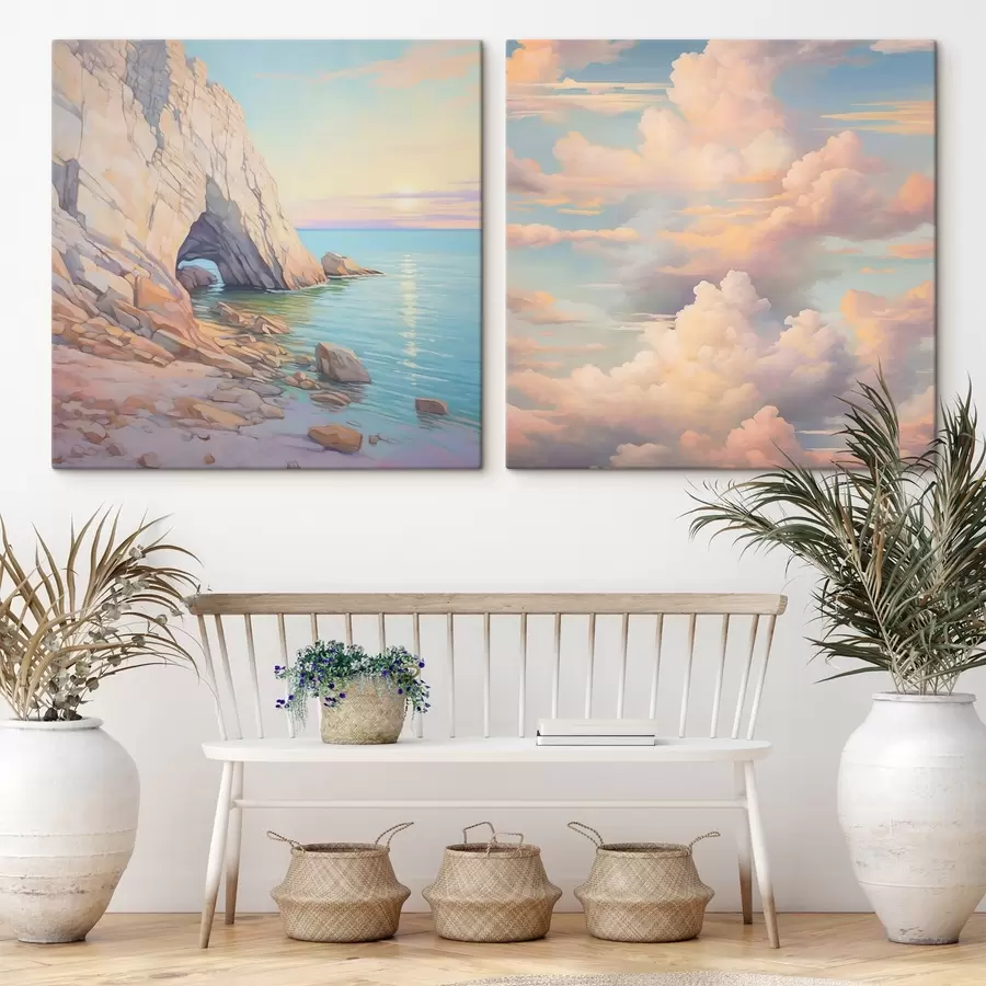 murales Olas en una orilla rocosa y cielo con nubes m00487