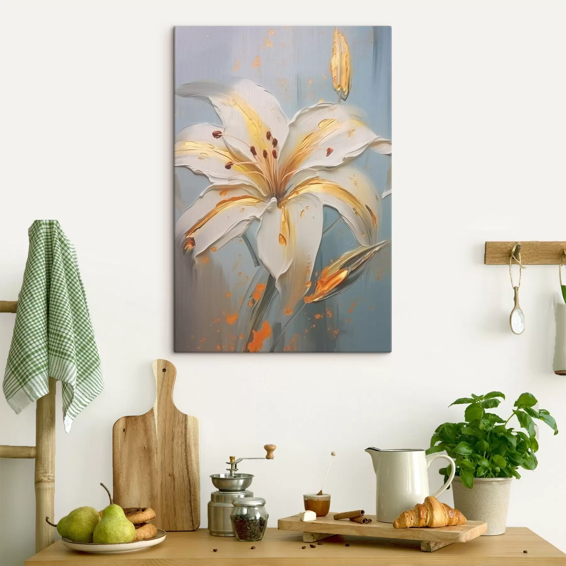 wall murals White lily with yellow strokes on blue background s45077