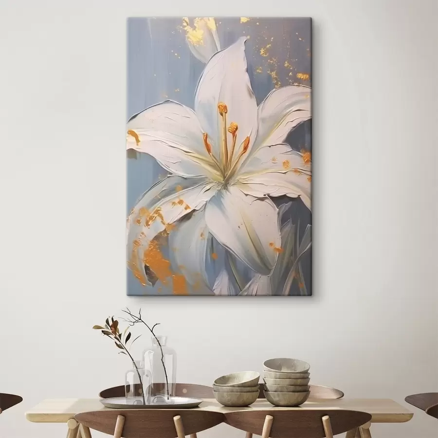 murales Lirio blanco con detalles amarillos sobre fondo azul s45078