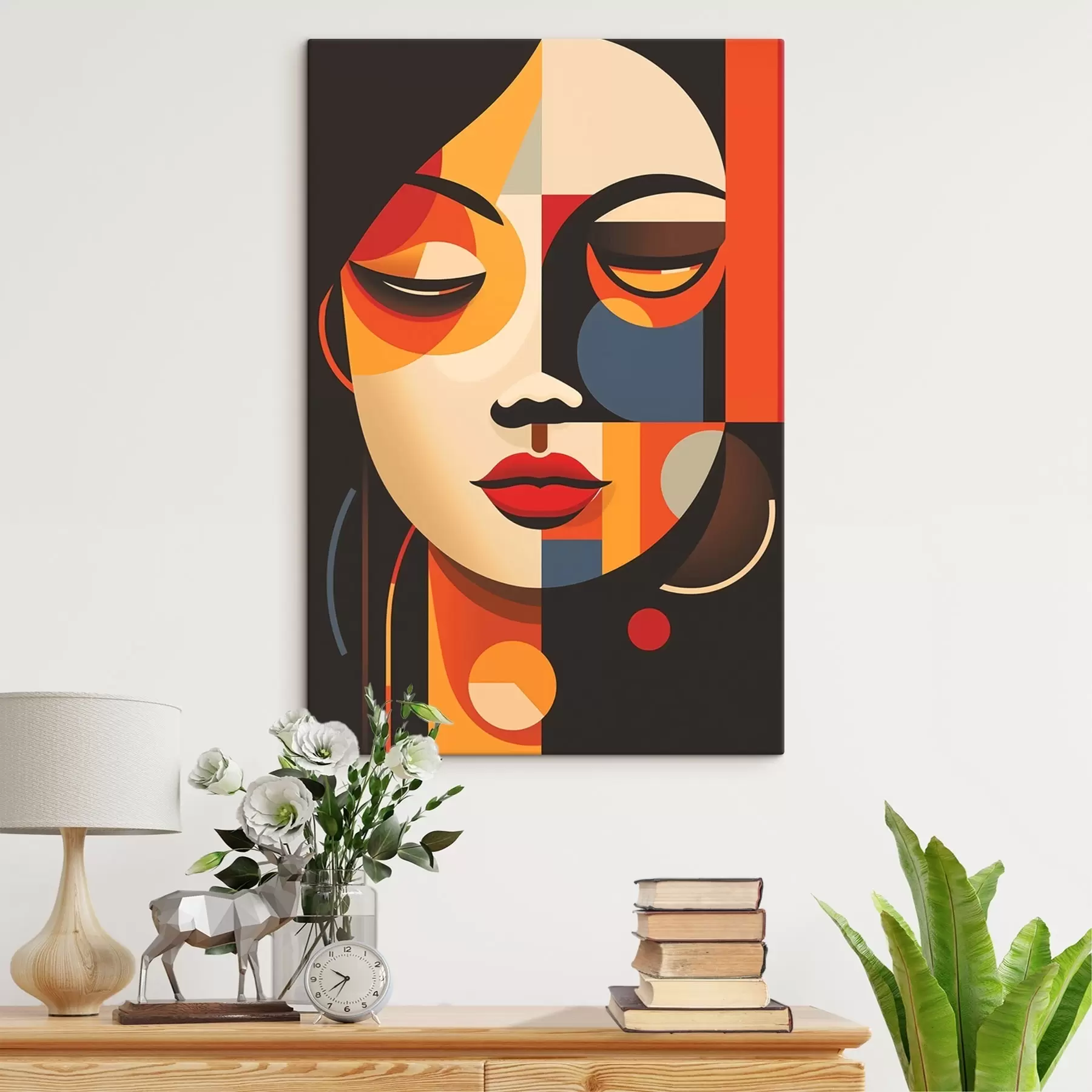 murales Rostro femenino geométrico en colores cálidos s45087