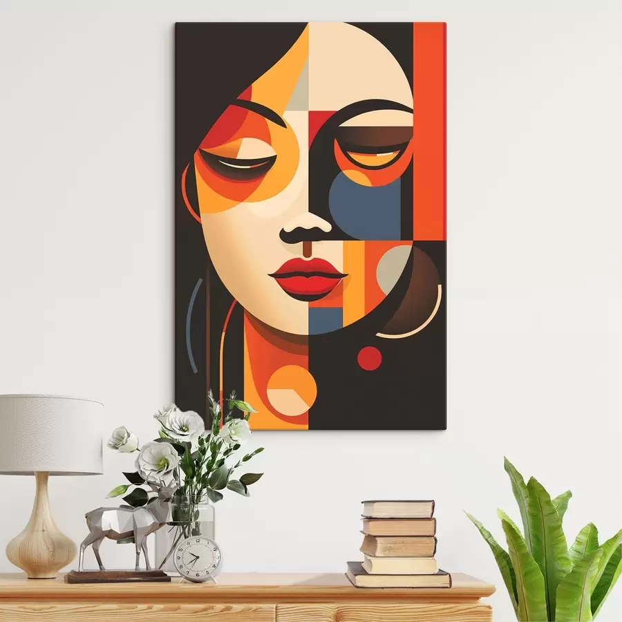 murales Rostro femenino geométrico en colores cálidos s45087