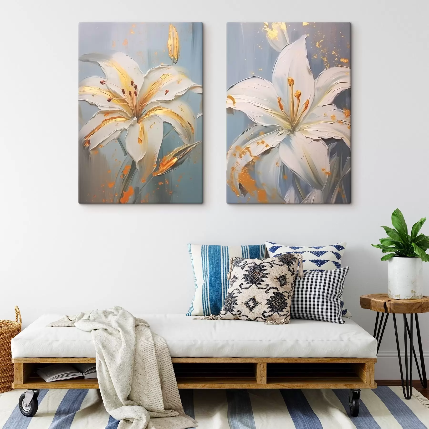 wall murals White lilies with yellow strokes on a blue background m00497