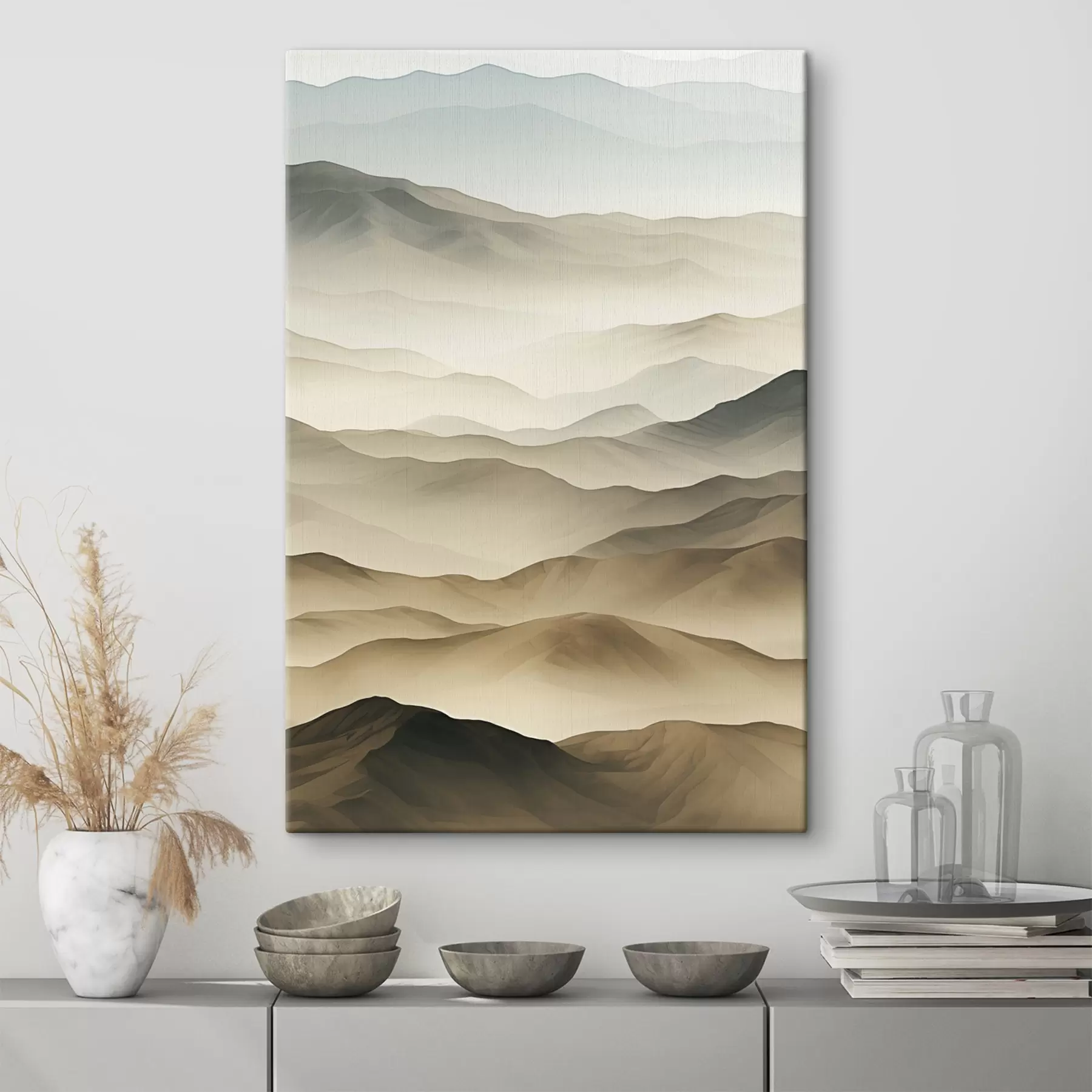 wall murals hills, fog, neutral tones, flowing lines, earth, soft edges, nature, depth s45096