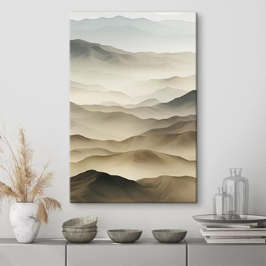 murales colinas, niebla, tonos neutros, líneas fluidas, tierra, bordes suaves, naturaleza, profundidad s45096