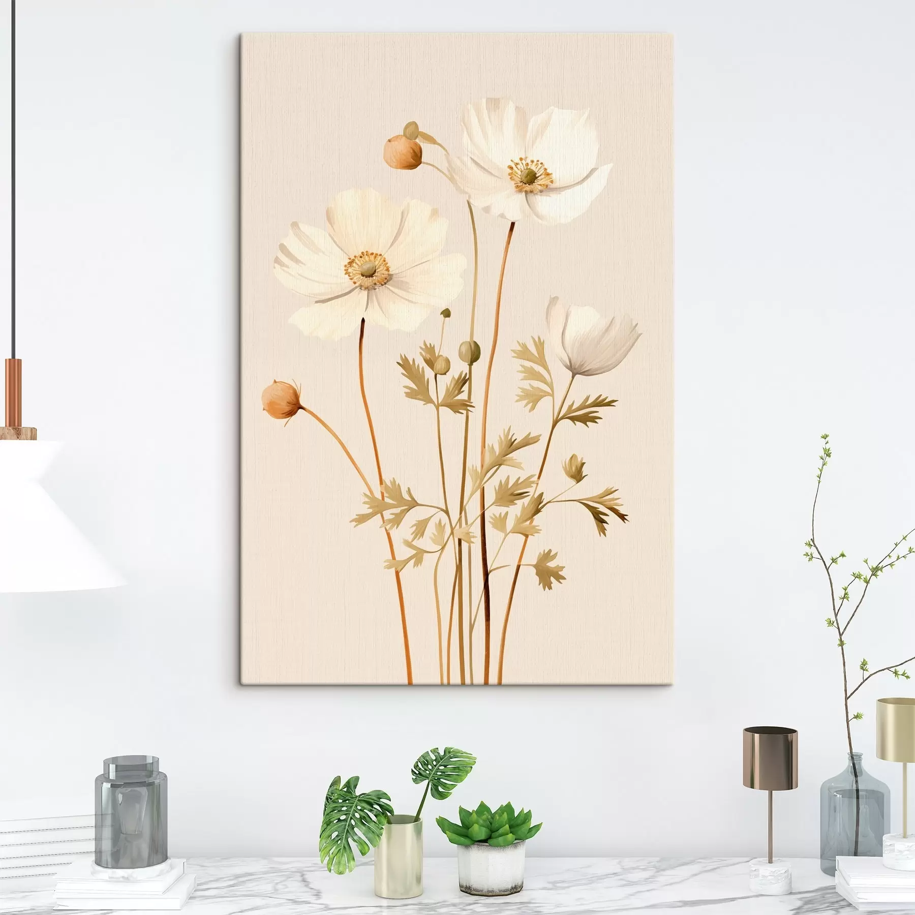 murales flor, botánico, fondo beige, tonos suaves, pétalos, planta, vintage, minimalista s45099