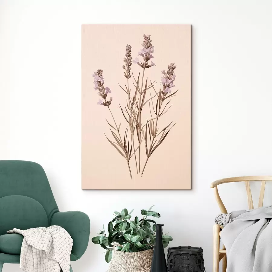 murales lavanda, botánico, fondo beige, morado suave, hojas, floral, natural, tallo s45100