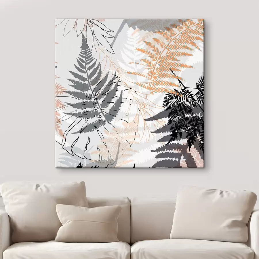 wall murals fern, abstract leaves, pattern, flat design, contrast, gray tones, botanical, overlay s45101