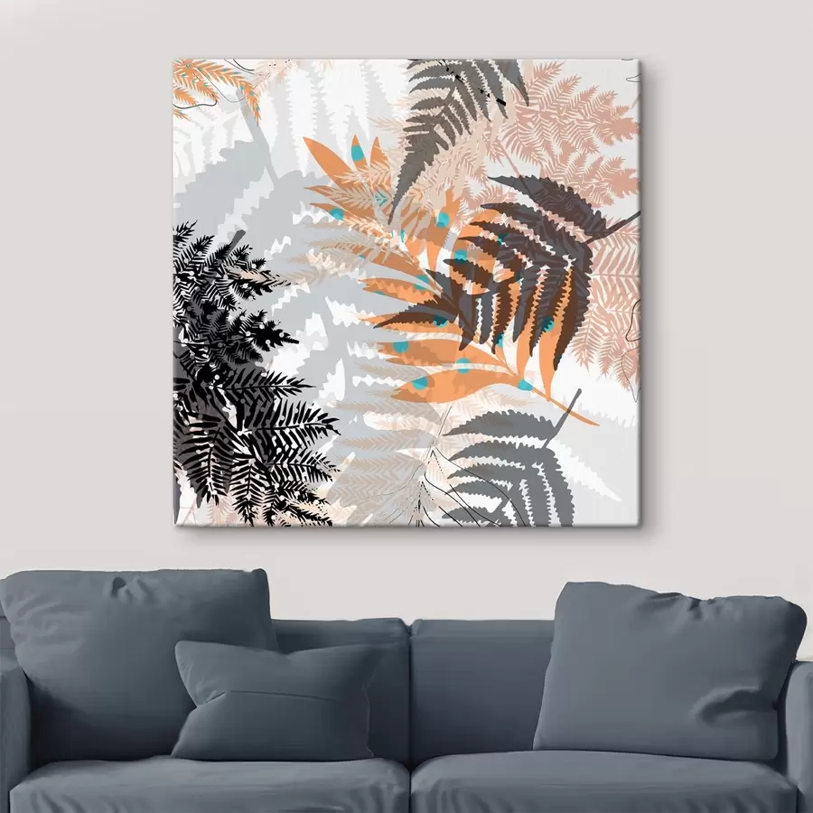 wall murals jungle foliage, modern style, line art, layered plants, muted colors, nature s45102