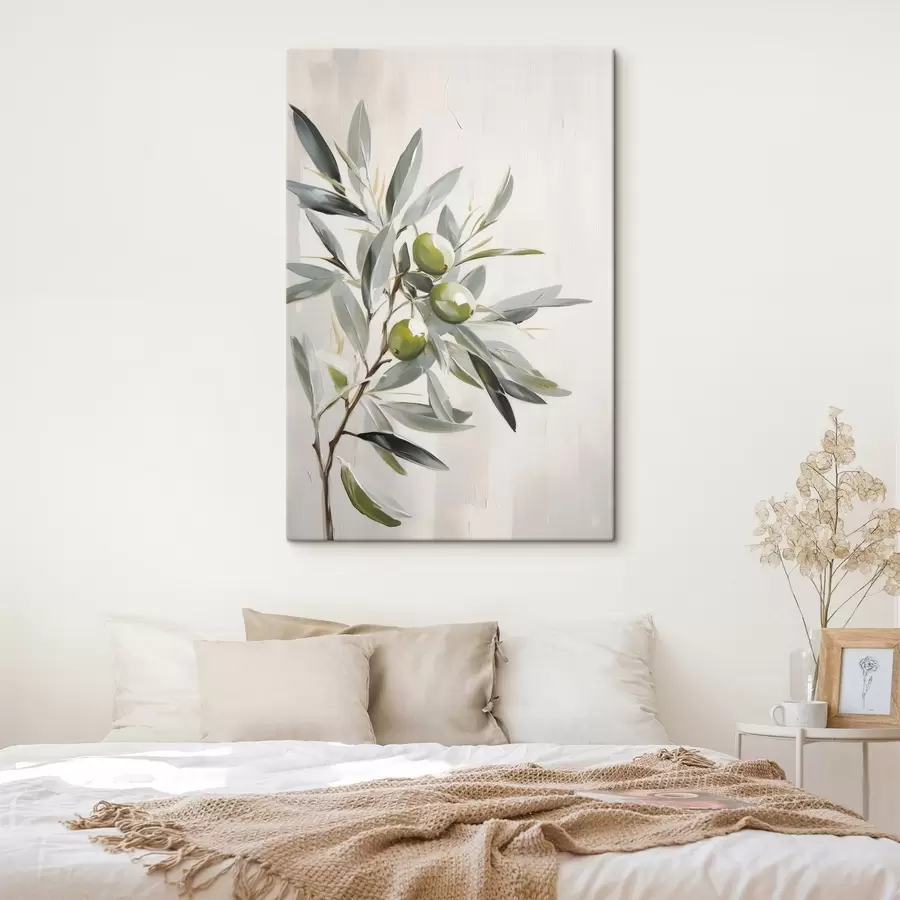 wall murals olive branch, green fruit, muted tones, leaves, minimal, natural, oil painting, botanical s45109