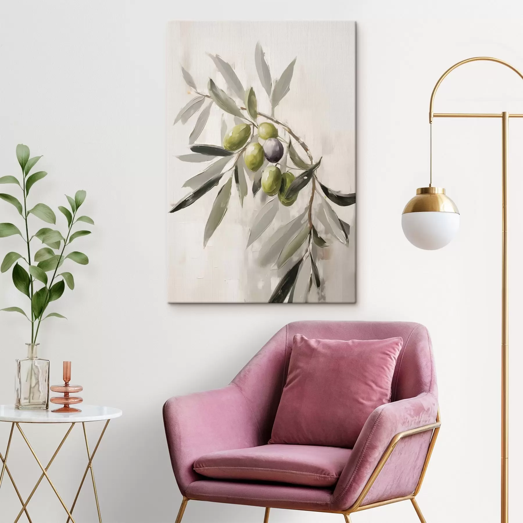 wall murals green olives, branch detail, light backdrop, organic, natural palette, rustic s45110