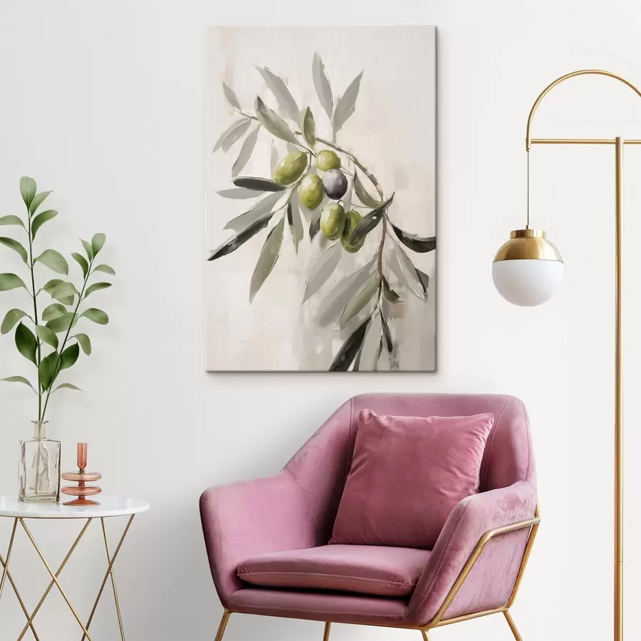 murales aceitunas verdes, detalle de rama, fondo claro, orgánico, paleta natural, rústico s45110