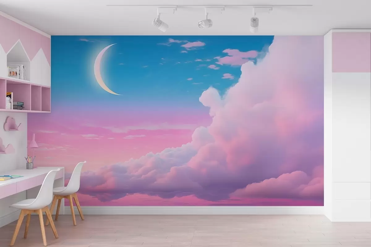 peintures murales Coucher de soleil magique avec nuages et croissant de lune dans les tons roses et bleus w09240