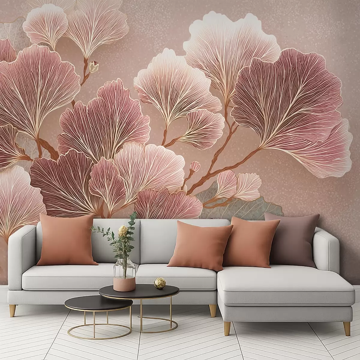 wall murals Branch of leaves in pink and purple shades w09249