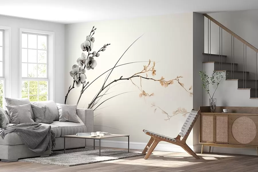 peintures murales Branche d'orchidée minimaliste dans des tons gris et sépia doux w09250