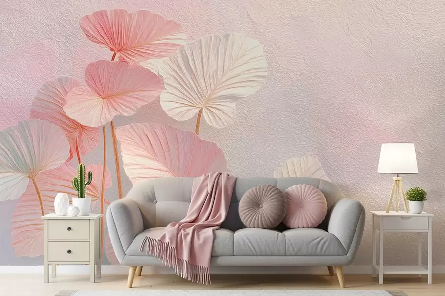 Wall Mural Photo Wallpaper Elegant large tropical leaves in soft pink and blue hues w09252
