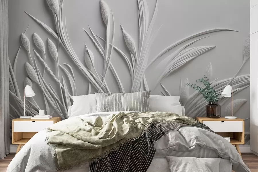 Wall Mural Photo Wallpaper Bas-relief with delicate leaves and pampas w04247