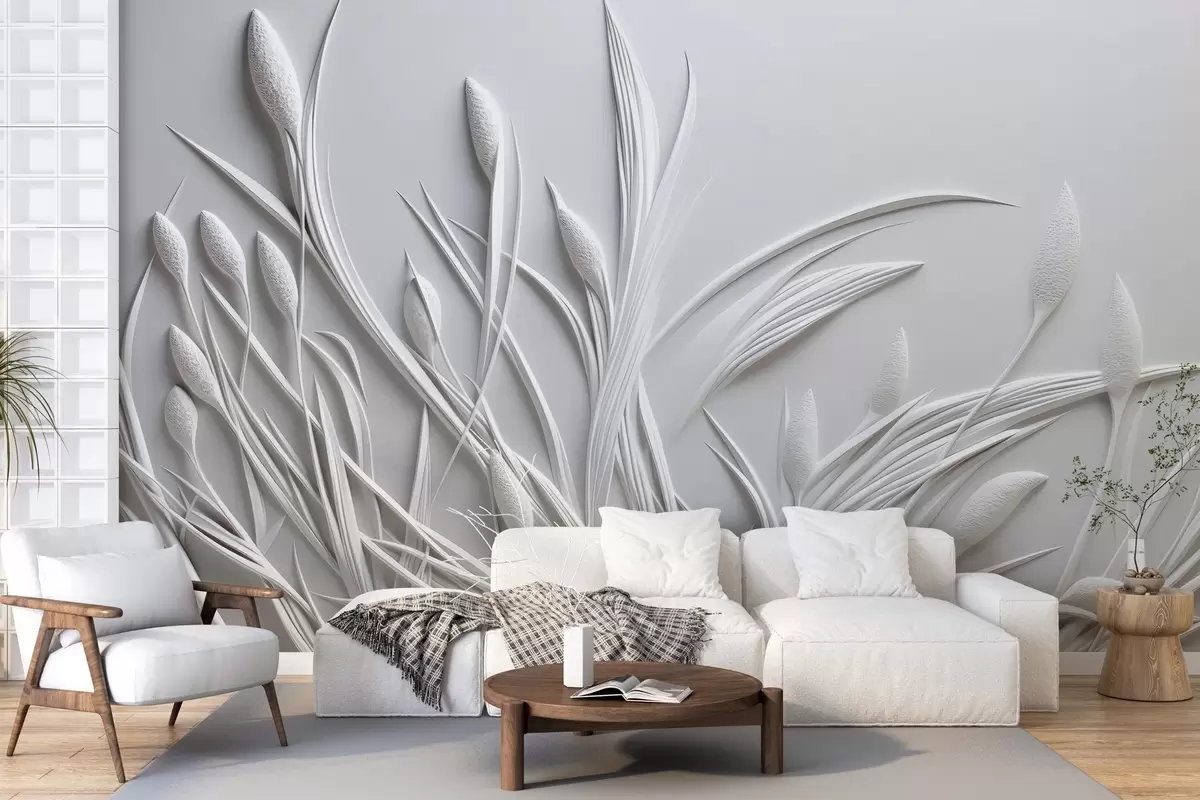 Wall Mural Photo Wallpaper Bas-relief with delicate leaves and pampas w04247