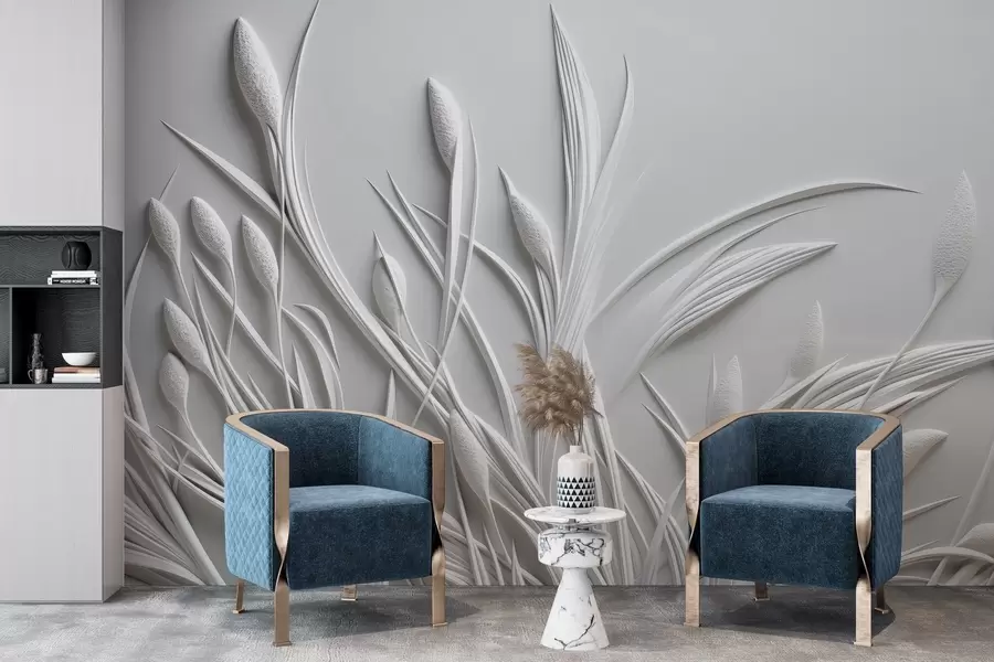 Wall Mural Photo Wallpaper Bas-relief with delicate leaves and pampas w04247