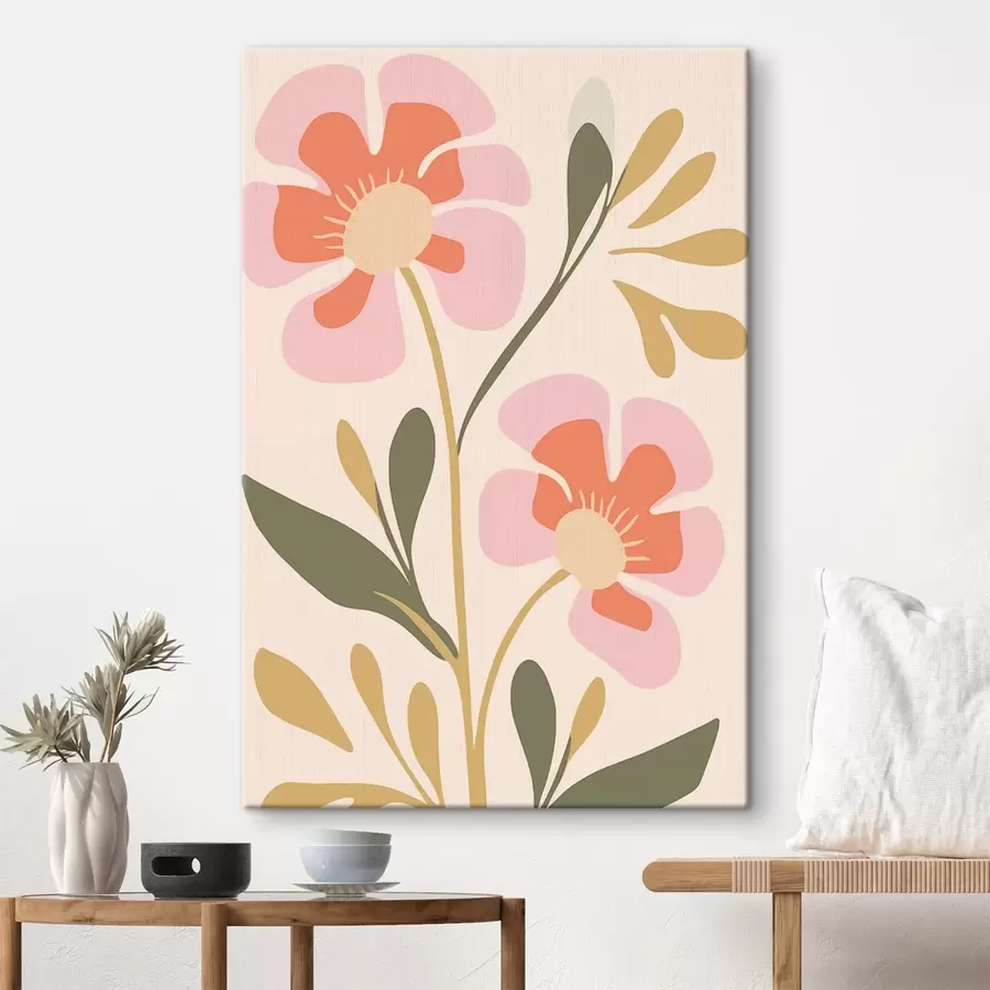 murales Flores estilizadas rosas y naranjas con hojas verdes s45140