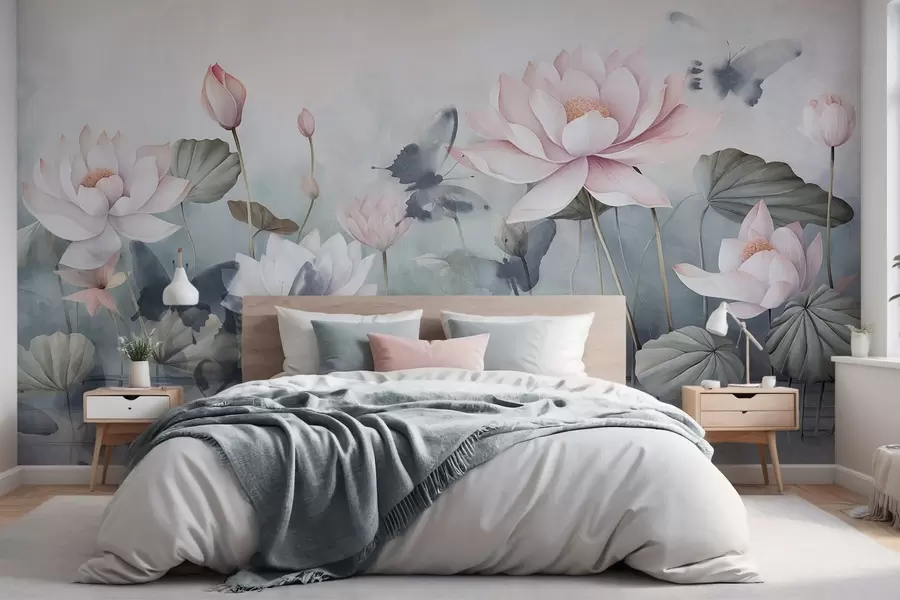 Wall Mural Photo Wallpaper Lotus textured flowers with pink pastel petals, green leaves, water reflection, soft pastel colors , watercolor effect w09254