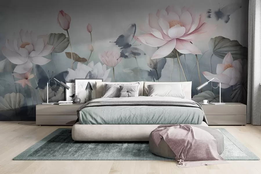 murais de parede Flores texturizadas de lótus com pétalas cor-de-rosa pastel, folhas verdes, reflexo da água, cores pastel suaves, efeito aguarela w09254
