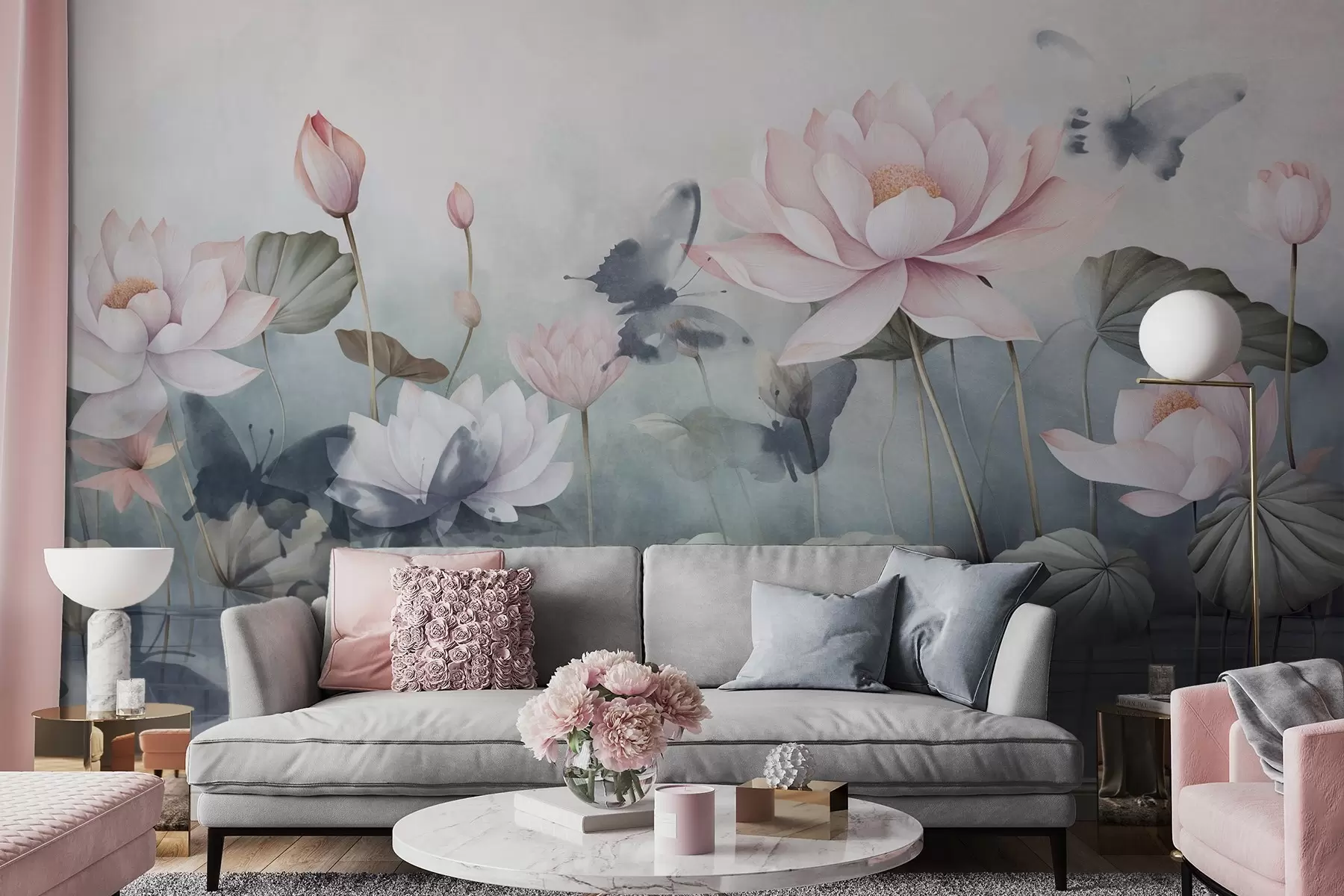 peintures murales Fleurs de lotus texturées avec pétales roses pastel, feuilles vertes, reflet de l'eau, couleurs douces pastel, effet aquarelle w09254