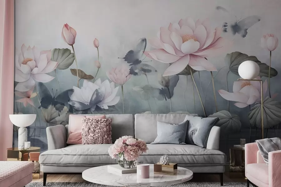 Wall Mural Photo Wallpaper Lotus textured flowers with pink pastel petals, green leaves, water reflection, soft pastel colors , watercolor effect w09254