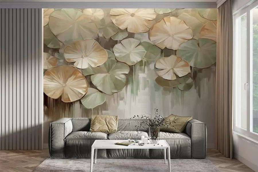 wall murals Textured lily pads with green and beige colors in a pond, the background is a blurry mix of white, green and brown w09255