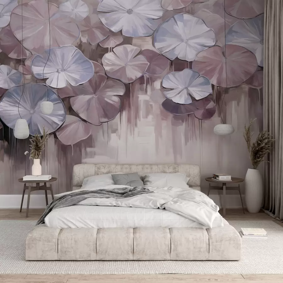 murales Nenúfares texturizados con colores violeta y azul en un estanque, el fondo es una mezcla borrosa de suaves tonos morados w09255v1