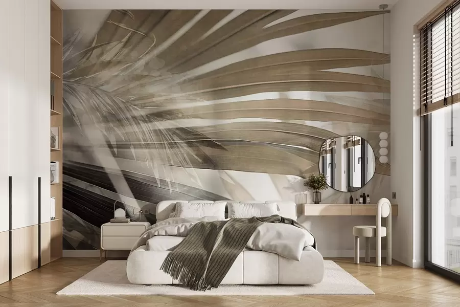 wall murals Palm leaves with a light brown hue, overlapping and creating a layered effect, against a soft, neutral background w09256