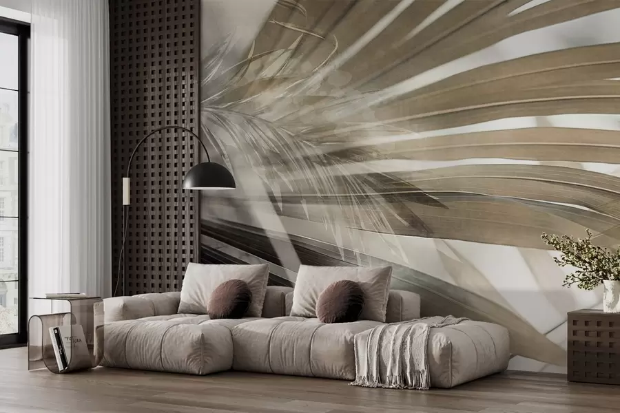 murais de parede Folhas de palmeira com uma tonalidade castanha clara, sobrepostas e criando um efeito de camadas, sobre um fundo suave e neutro w09256