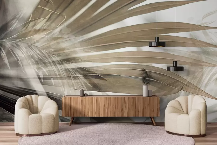 murales Hojas de palmera con un tono marrón claro, superpuestas y creando un efecto de capas, sobre un fondo suave y neutro w09256