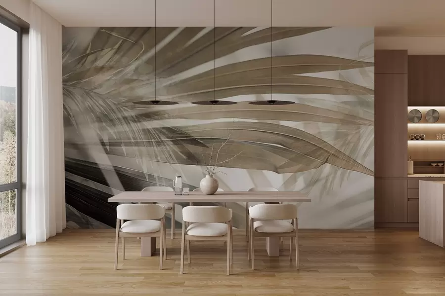 peintures murales Feuilles de palmier de teinte brun clair, se chevauchant et créant un effet de superposition, sur un fond doux et neutre w09256
